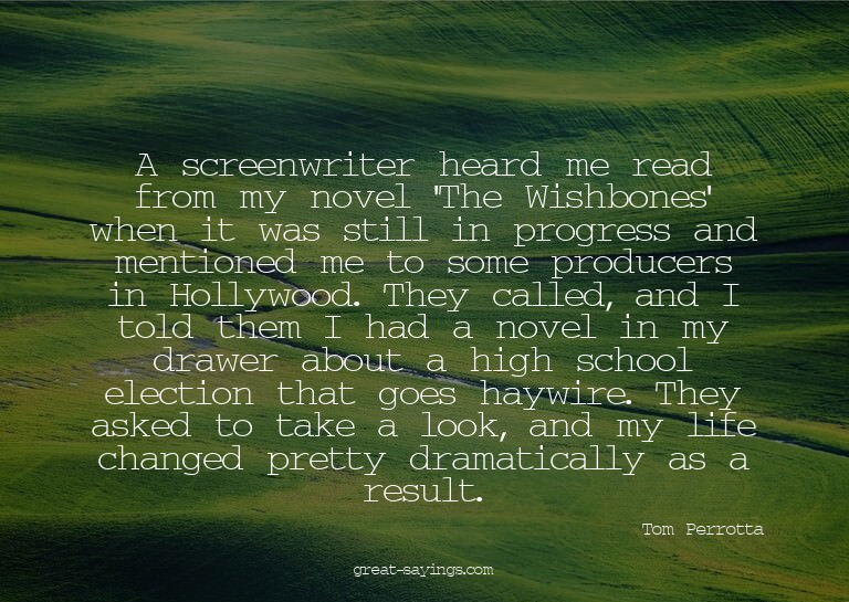 A screenwriter heard me read from my novel 'The Wishbon