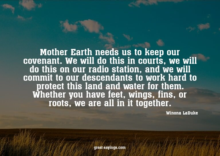 Mother Earth needs us to keep our covenant. We will do